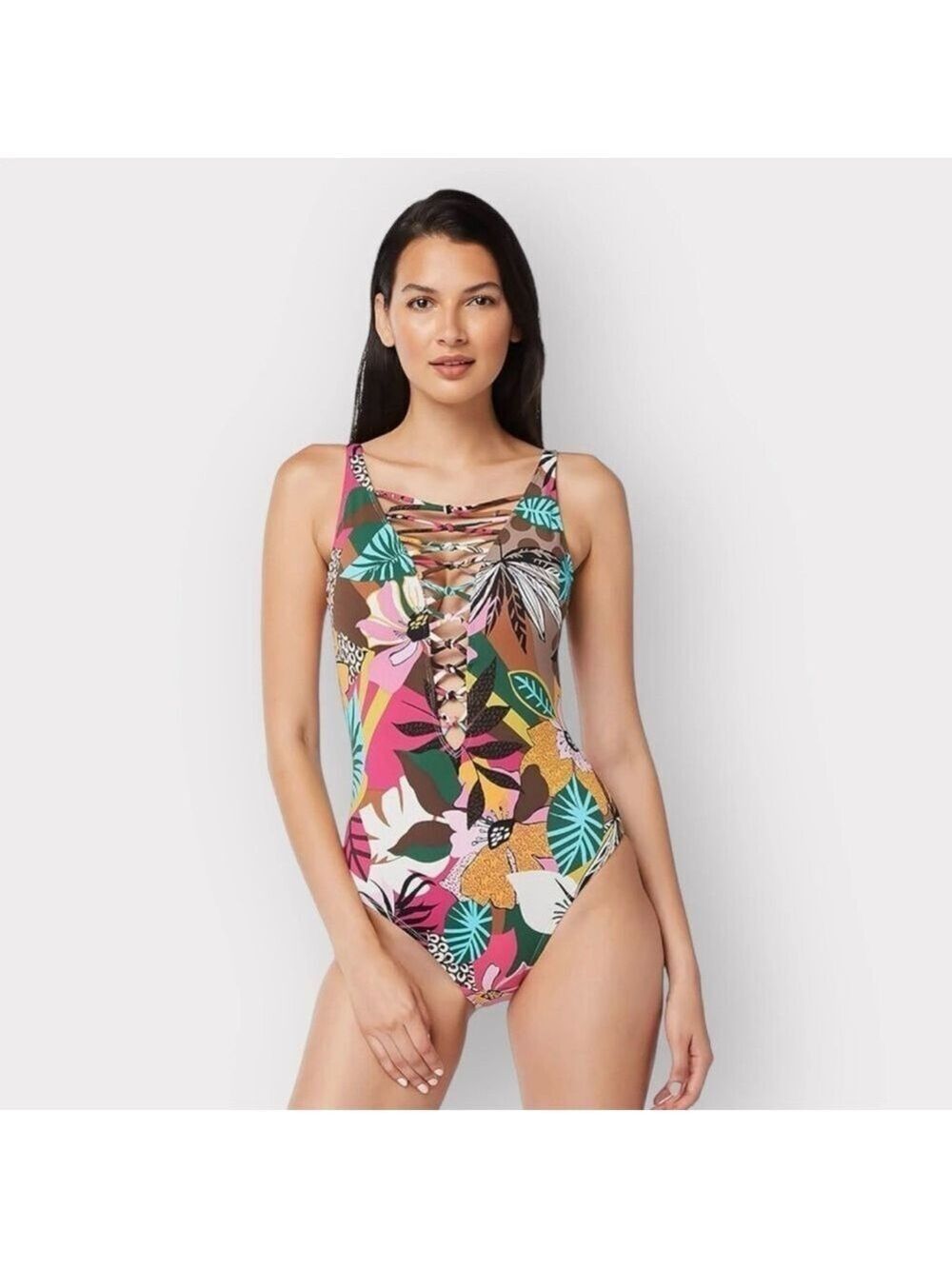 P147 Bleu Rod Beattie NEW One-Piece Swimsuit sz 8 Medium Lace-Up Plunge Auction